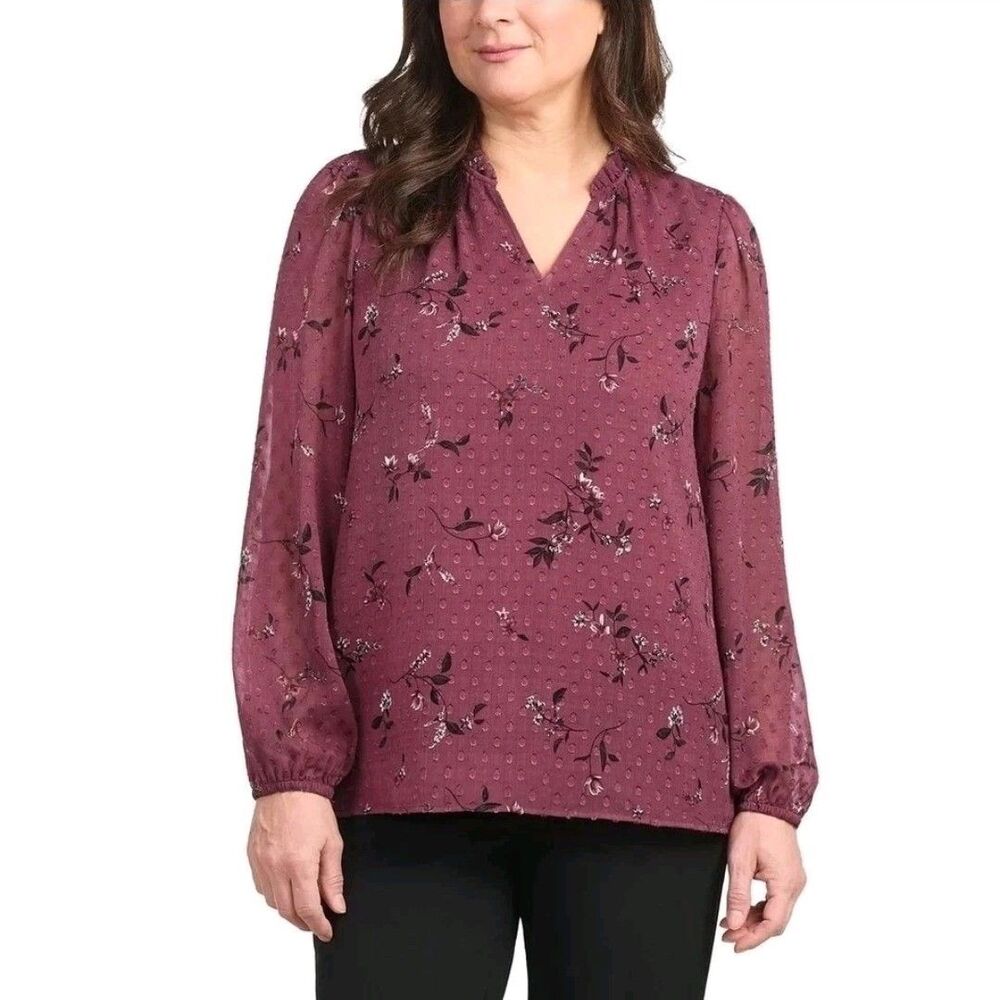 Hilary Radley Women's Burgundy Floral Chiffon Blouse Size XXL  NWT  E2